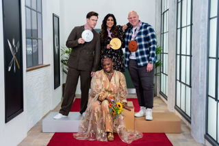 Great British Menu judges Ed Gamble, Nisha Katona and Tom Kerridge stand behind Andi Oliver