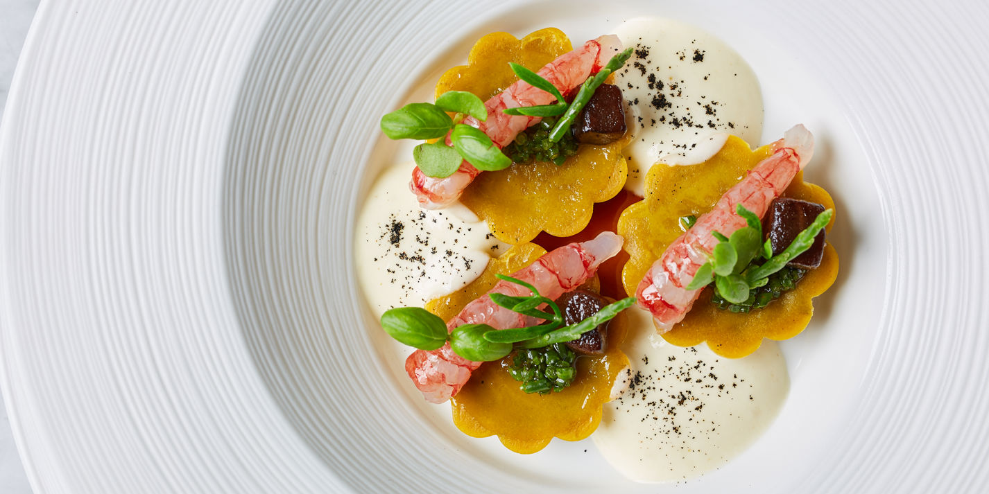 Aubergine ravioli with Sicilian red prawns and samphire