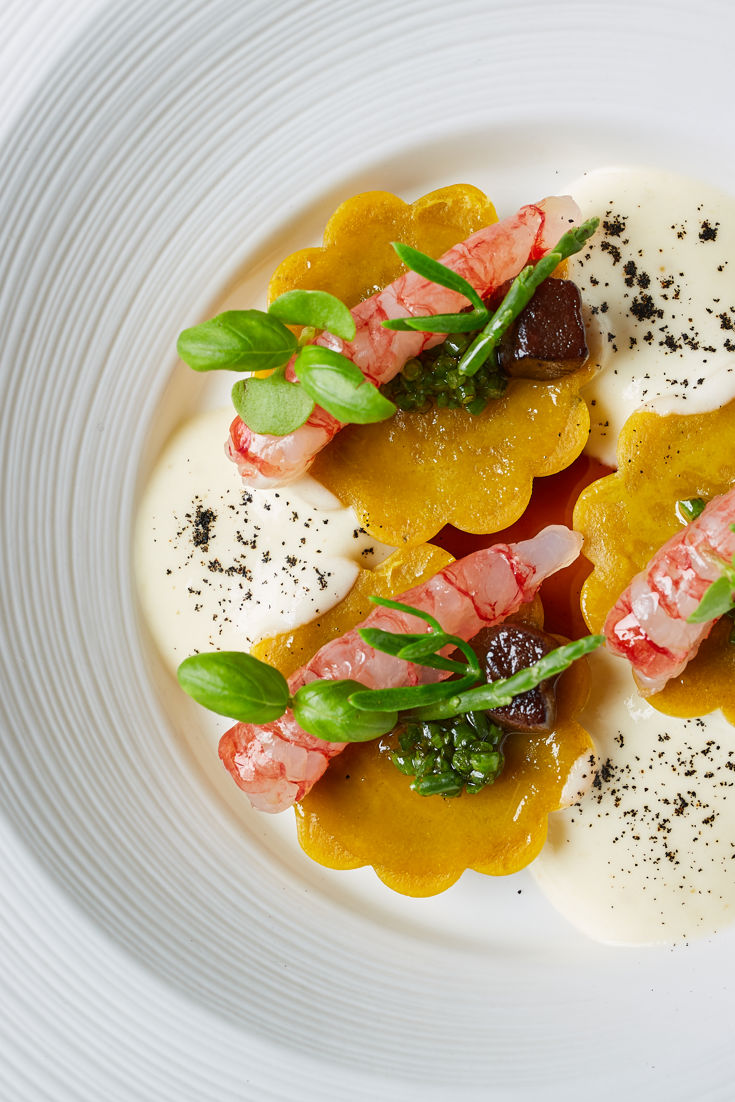 Aubergine ravioli with Sicilian red prawns and samphire