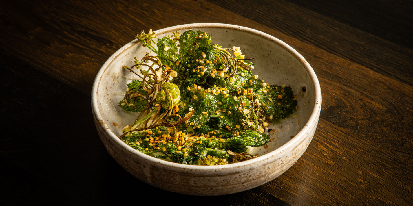 Harriet Mansell's Tempura Coastal Herbs, Whipped Goat's Cheese and