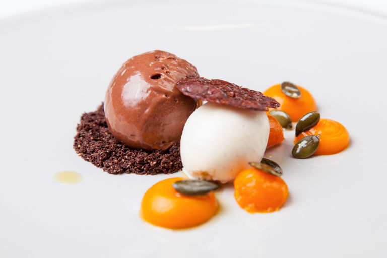 Chocolate mousse with crème fraîche sorbet and vanilla squash