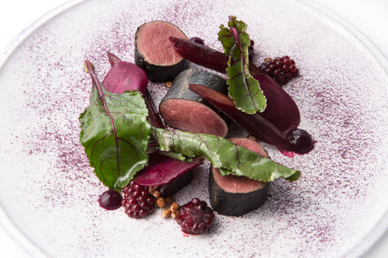 Hay smoked roe deer with red fruits, vegetables and leaves