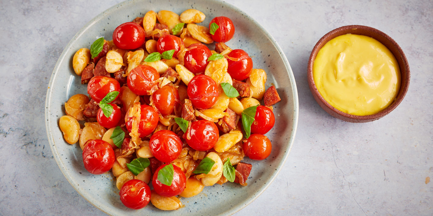 Confit Tomatoes with Butter Beans and Chorizo Recipe - Great British Chefs