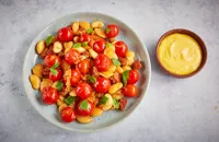 Confit piccolo tomatoes with butter beans, chorizo and saffron aioli