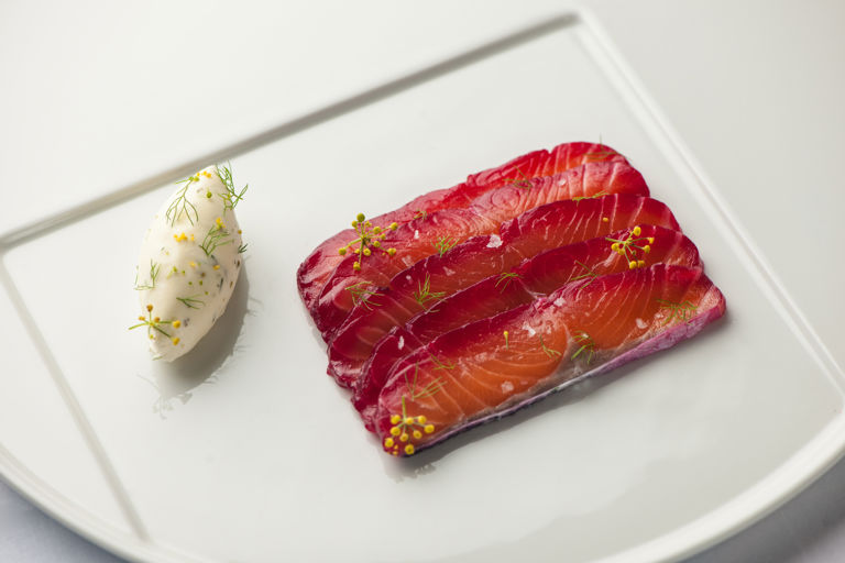 Soy and beetroot marinated salmon with fennel pollen cream