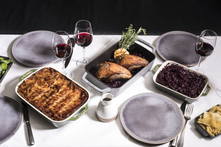 Pot-roasted pheasant with boulangere potatoes and red cabbage
