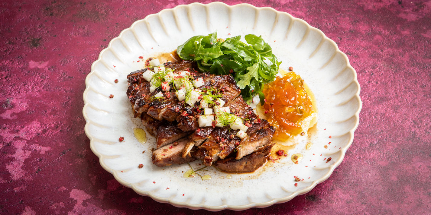 Grilled Pork shoulder Steaks with Fennel and Apricot Jam and Pickled Kohlrabi Recipe - Great British