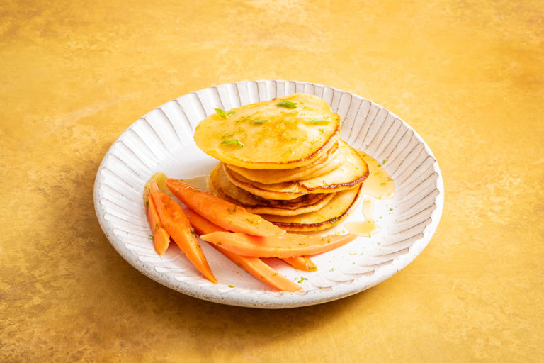 Ricotta pancakes with honeyed papaya