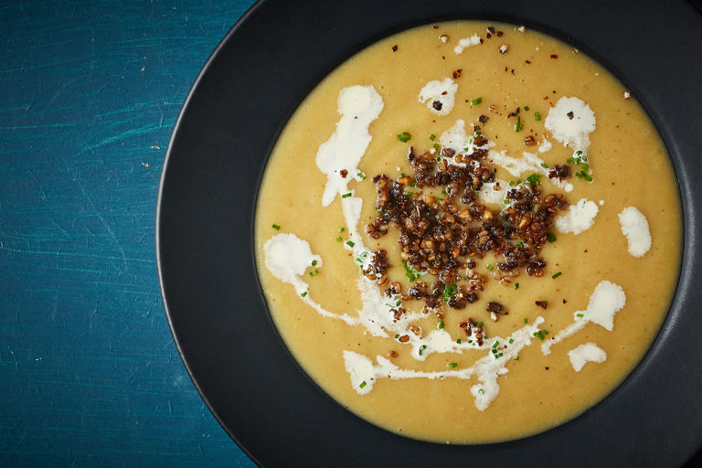 Curried swede soup with crispy haggis