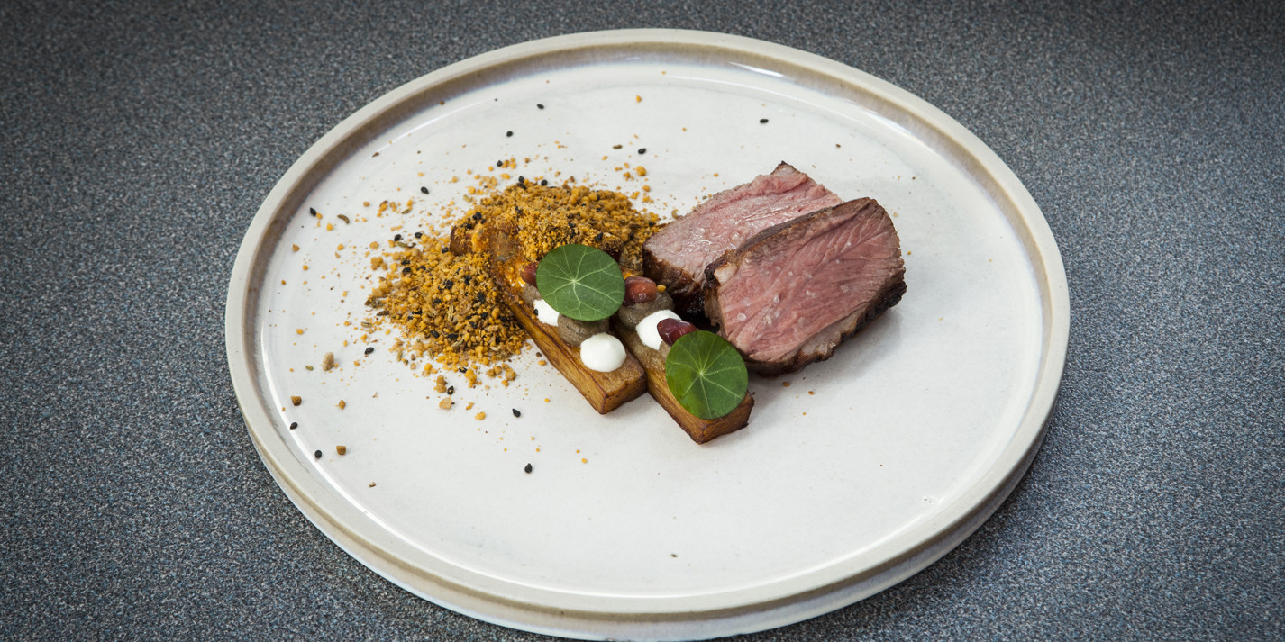Barbecue Lamb Rump, Smoked Crème Fraiche, Aubergine, Dukkah and
