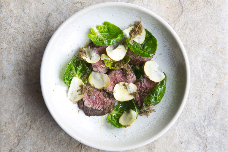 Venison loin with sprout tops, truffled honey and chestnuts