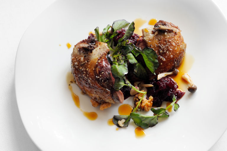 Warm salad of Alresford wood pigeon with caramelised walnuts and beetroot compote