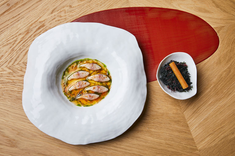 Mackerel with barbecued gazpacho consommé and basil