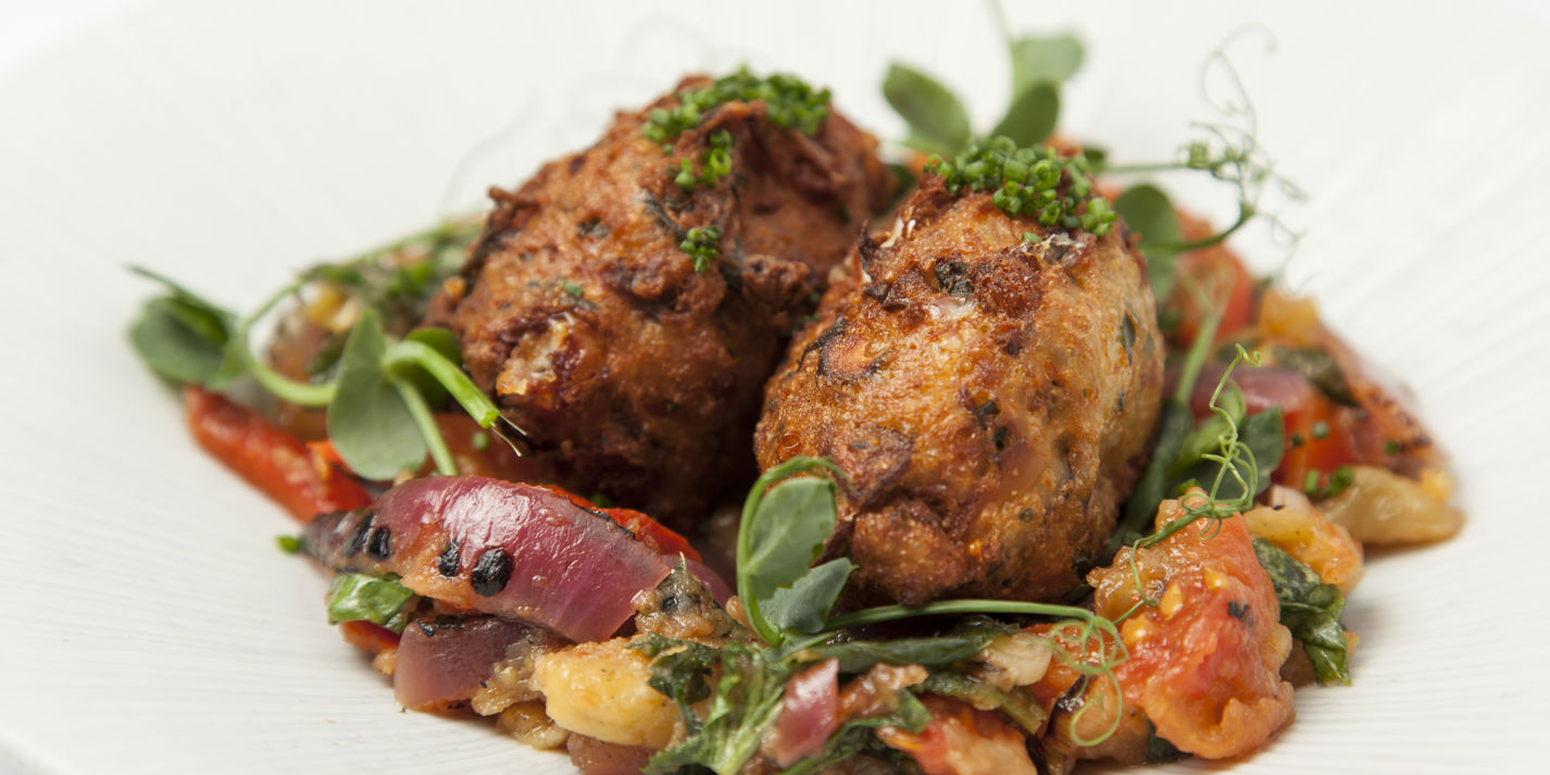 Shiitake mushroom and cheese fritters with escalivada