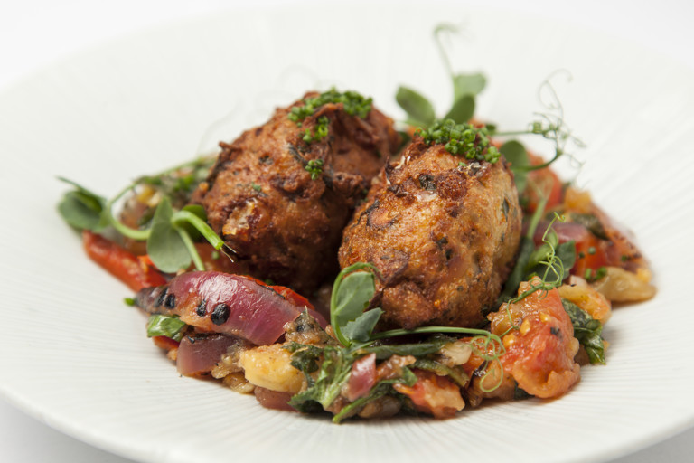 Shiitake mushroom and cheese fritters with escalivada