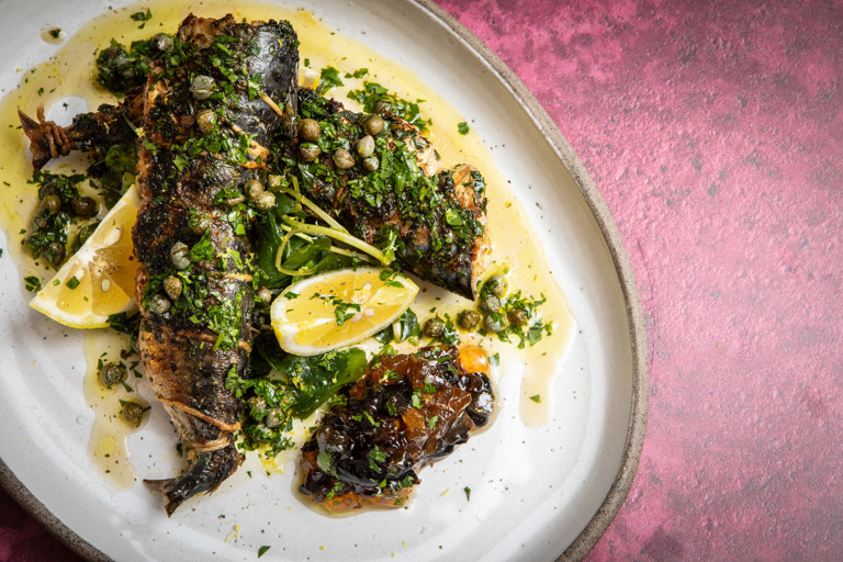 Garlic samphire stuffed mackerel with olive and lemon jam