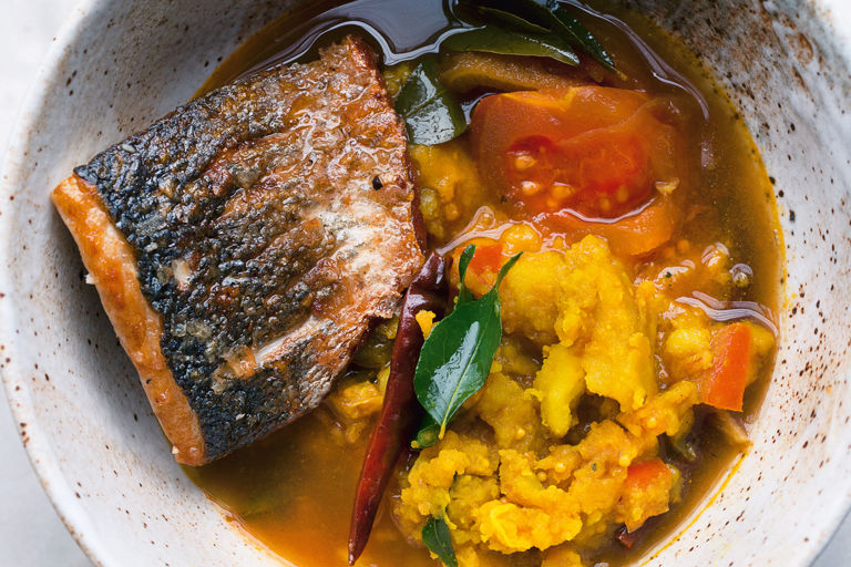 Sea bass and turmeric potatoes in rasam broth. Extracted from NOPI: The Cookbook by Yotam Ottolenghi and Ramael Scully. (Ebury Press, £28) Photography by Jonathan Lovekin