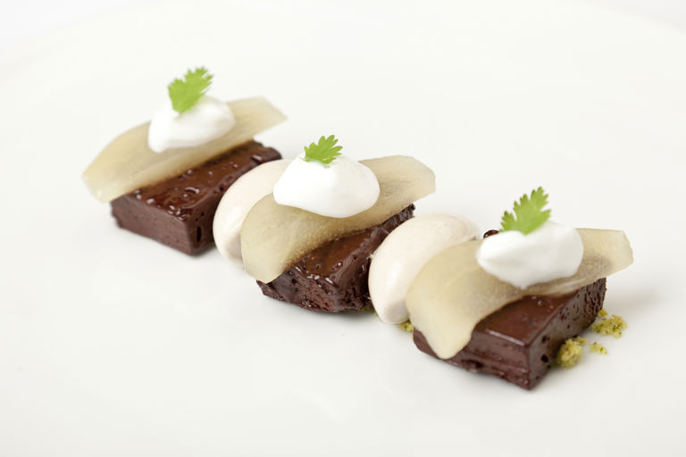 Chocolate with coriander and poached pear