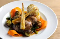 Roast partridge with seasonal vegetables and tarragon jus