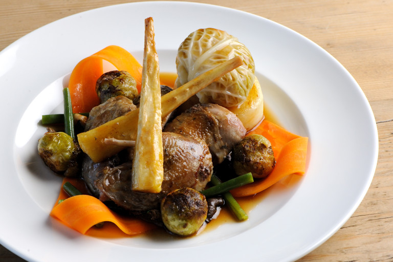Roast partridge with seasonal vegetables and tarragon jus