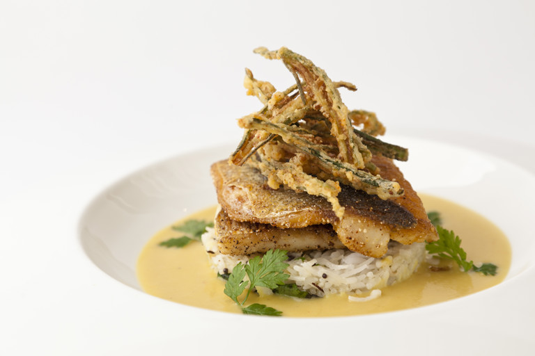 Grilled sea bass, crisp okra fingers, coconut rice and dhal sauce
