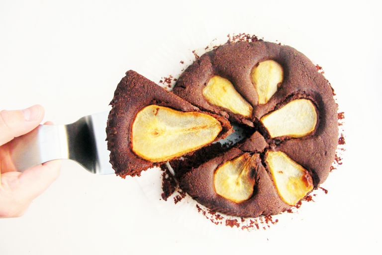Vegan chocolate pear brownie cake
