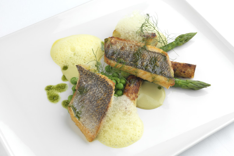 Wild sea bream, gnocchi, pea, asparagus and saffron