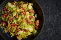 Brussels sprouts with chestnuts, pancetta, mustard seeds and olive oil
