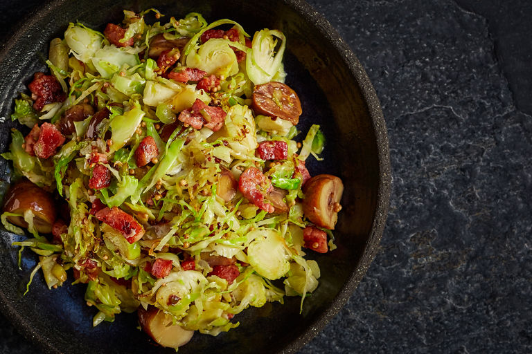 Brussels sprouts with chestnuts, pancetta, mustard seeds and olive oil
