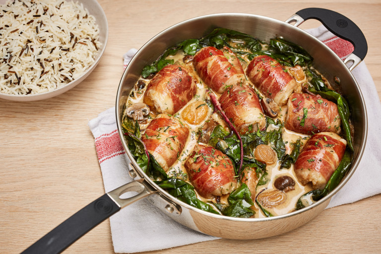 Chicken and apricot ballontines with Parma ham, mushrooms and tarragon