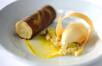 Banana and caramel parfait, peanut ice cream and kalamansi purée