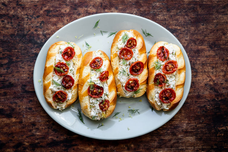 Crab rolls with semi-dried Piccolo cherry tomatoes and dill