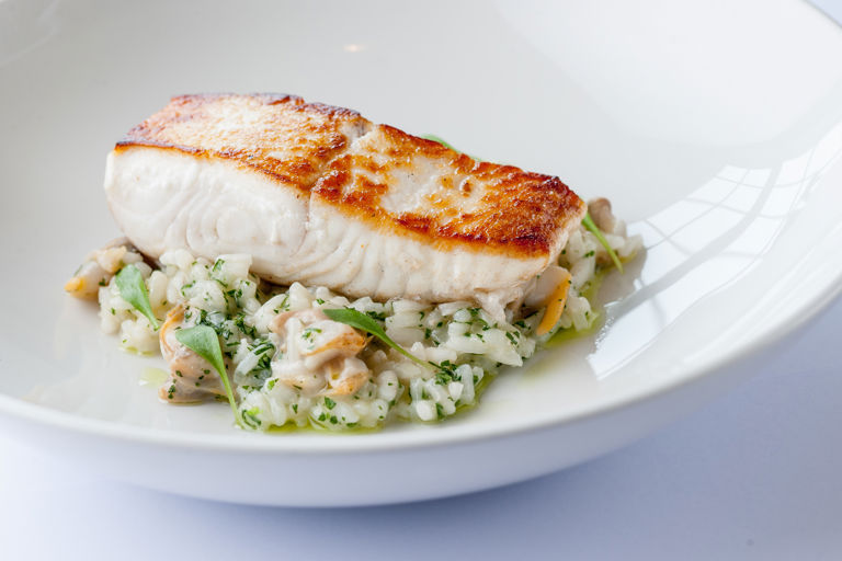 Alaska halibut with cockle risotto