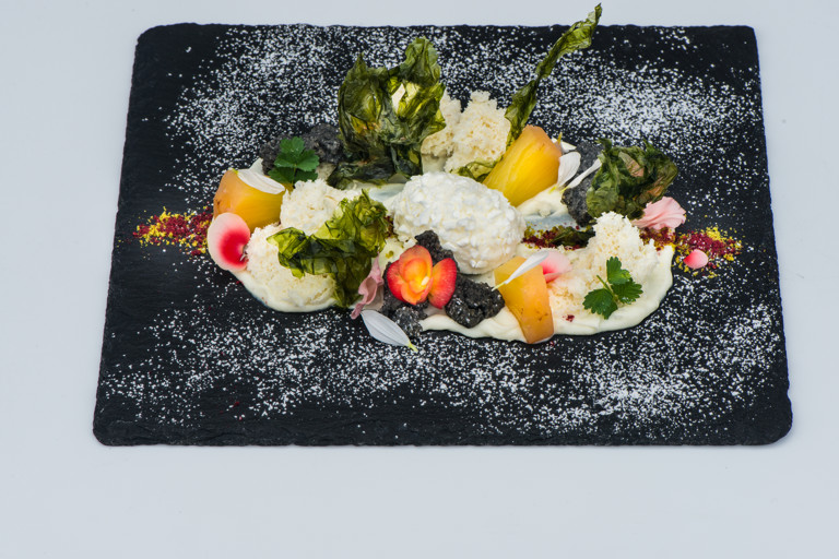 The yoghurt meets the sea – rosemary and yoghurt ice cream with yoghurt sponge, pineapple and caramelised seaweed
