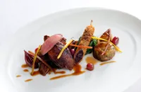 Oven roasted squab pigeon with braised crispy leg and foie gras hollandaise