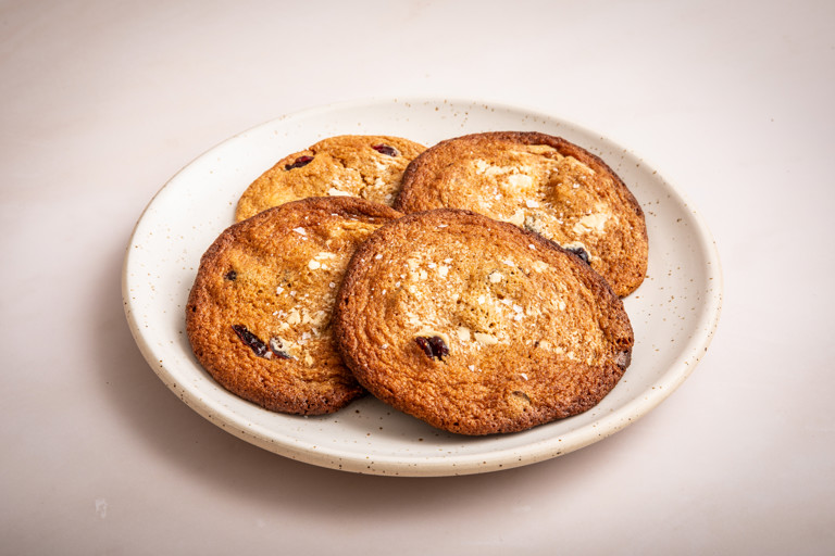 White chocolate, cranberry and miso oat cookies