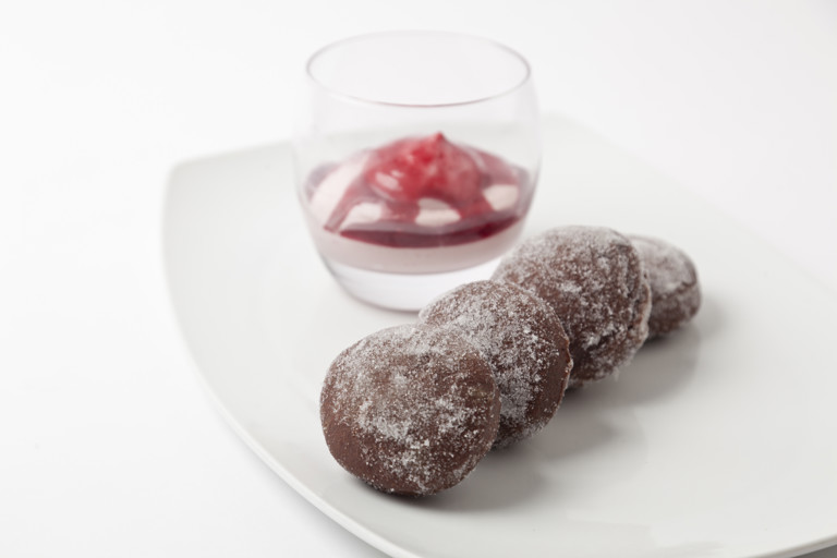 Warm chocolate doughnuts with a damson fool