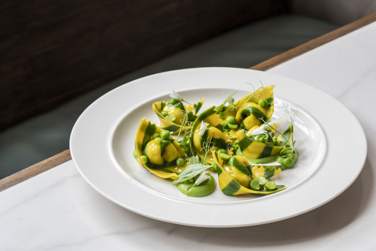 Tortelli of ricotta, English peas and broad beans with Jersey Royals and Parmesan