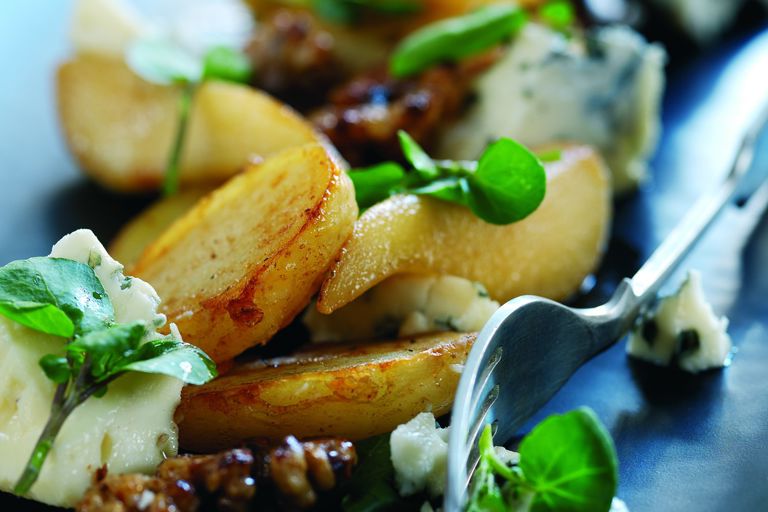 Roast Jersey Royals with glazed pear, Roquefort cheese and walnut salad
