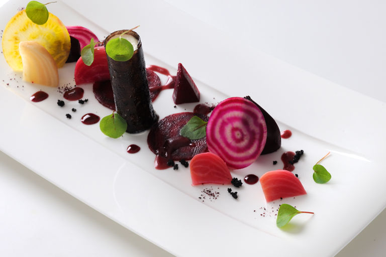Goat's cheese, roasted beetroot and a black olive tuile