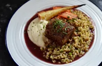 Lamb with pearl barley, root vegetables and port gravy
