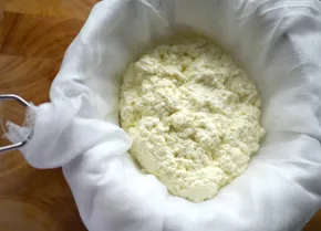 Collect the curds that have formed in the bag
