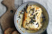 Honey-baked feta with lavender, thyme and rye crisps