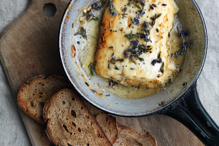 Honey-baked feta with lavender, thyme and rye crisps