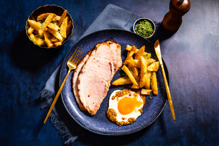 Ham, mustard-fried egg and rosemary chips