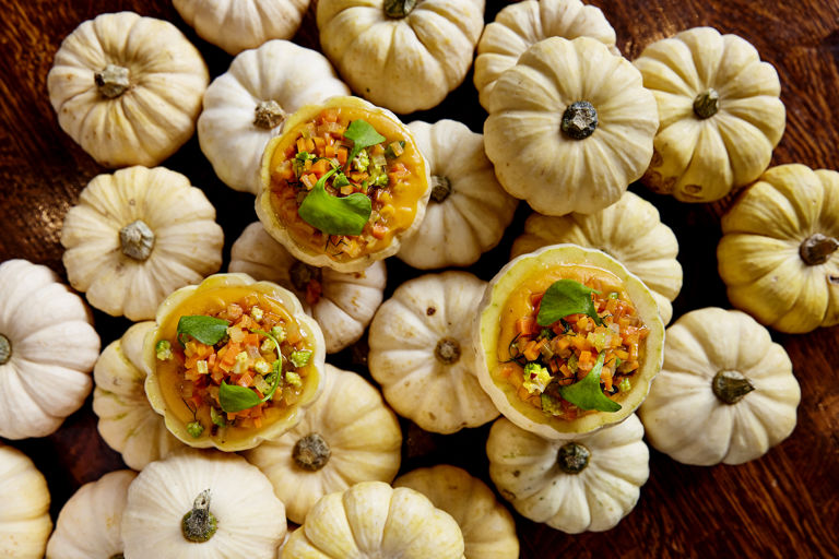 Jack-be-little squash stuffed with chilli oil and butternut squash purée