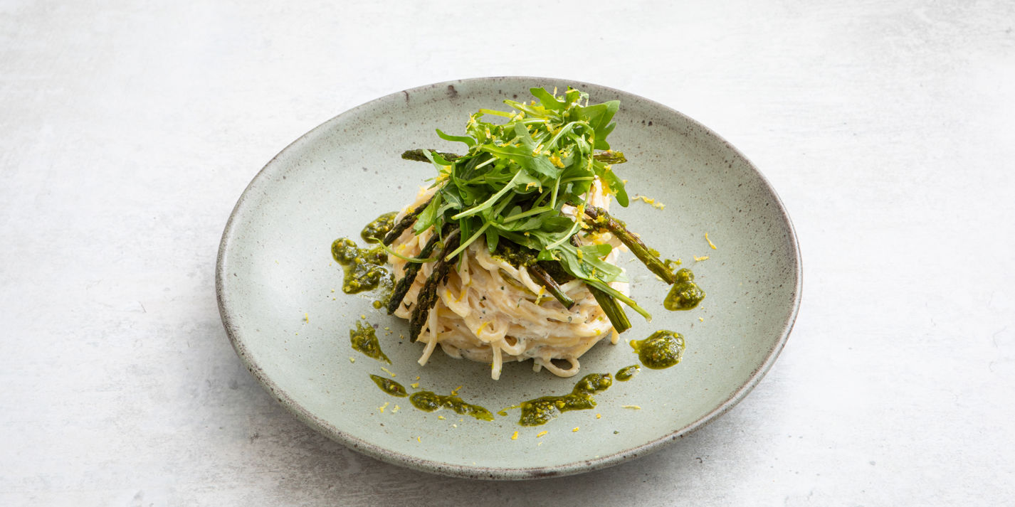 Lemon Ricotta Spaghetti Lunghi with Charred Asparagus Recipe - Great British Chefs