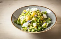 Baby broad bean, new potato and fresh goat’s cheese salad with chive flowers