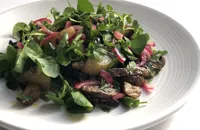 Miso roasted mushroom and chestnut salad with pickled red onion and watercress