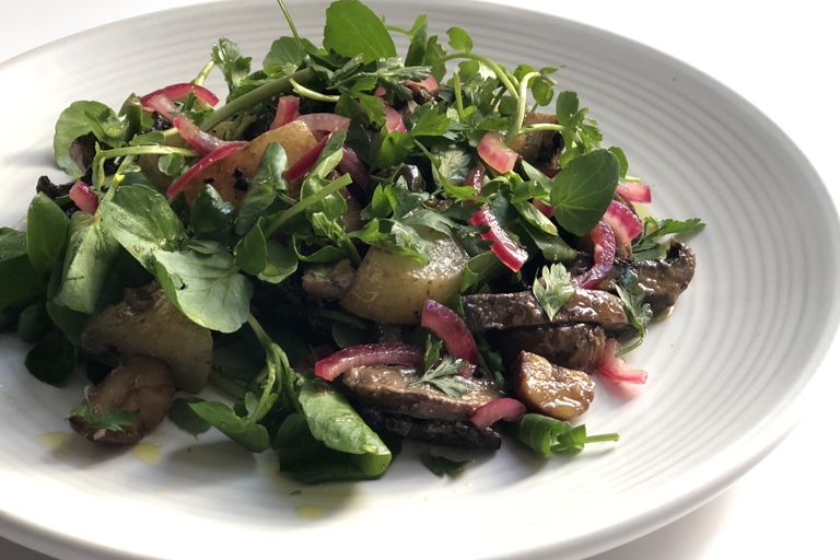 Miso roasted mushroom and chestnut salad with pickled red onion and watercress